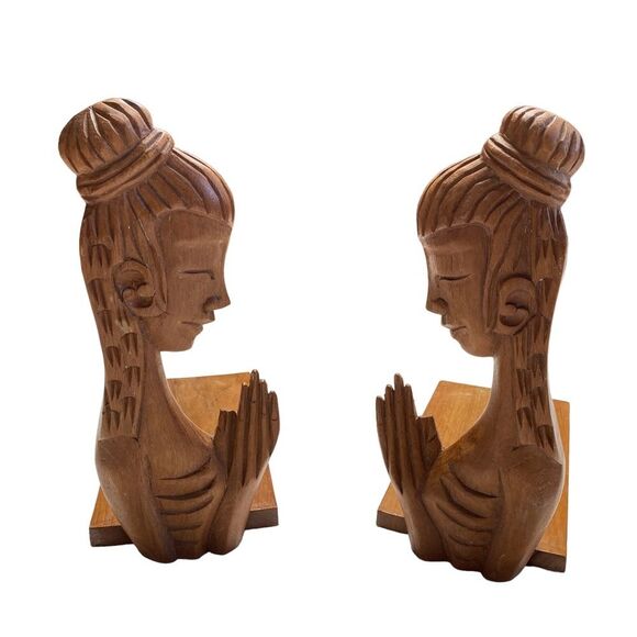 Vintage Hand Carved Praying Women Wooden Bookends - Picture 2 of 9